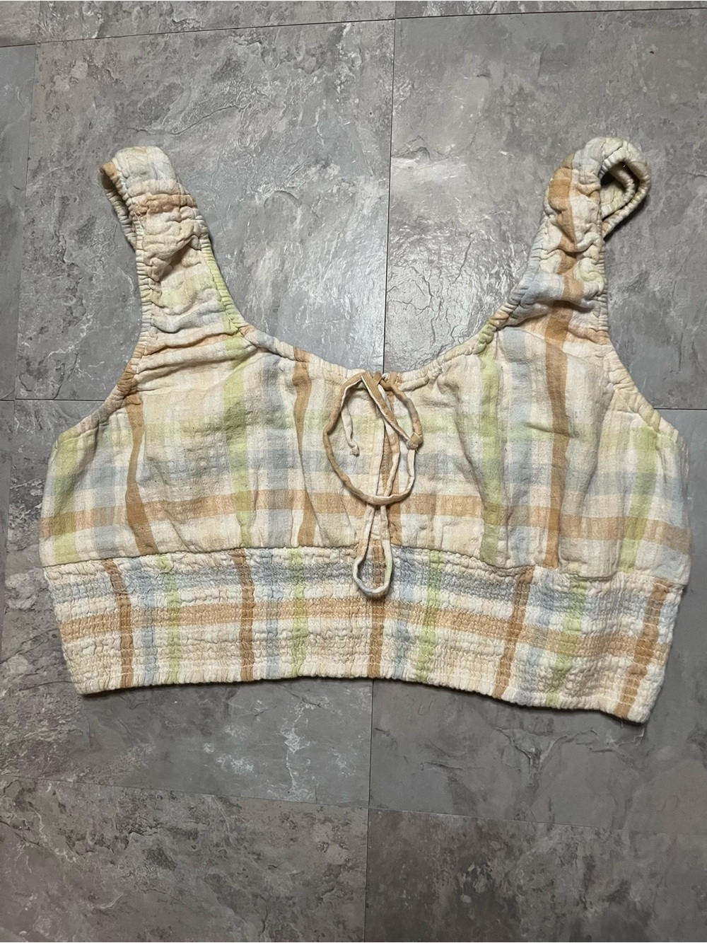 American Eagle Outfitters Cream Plaid Smocked Crop Top